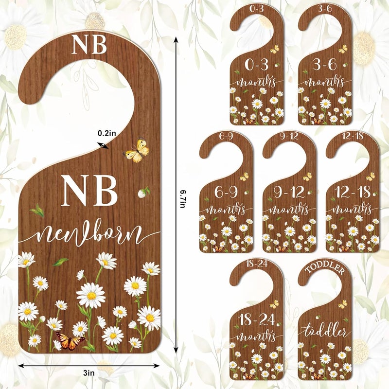 Whaline 8Pcs Daisy Baby Closet Size Dividers Hanging Wooden Baby Closet Organizers Newborn to Toddler Rustic Floral Butterfly Infant Wardrobe Organizers for Home Nursery Bedroom - Image 2